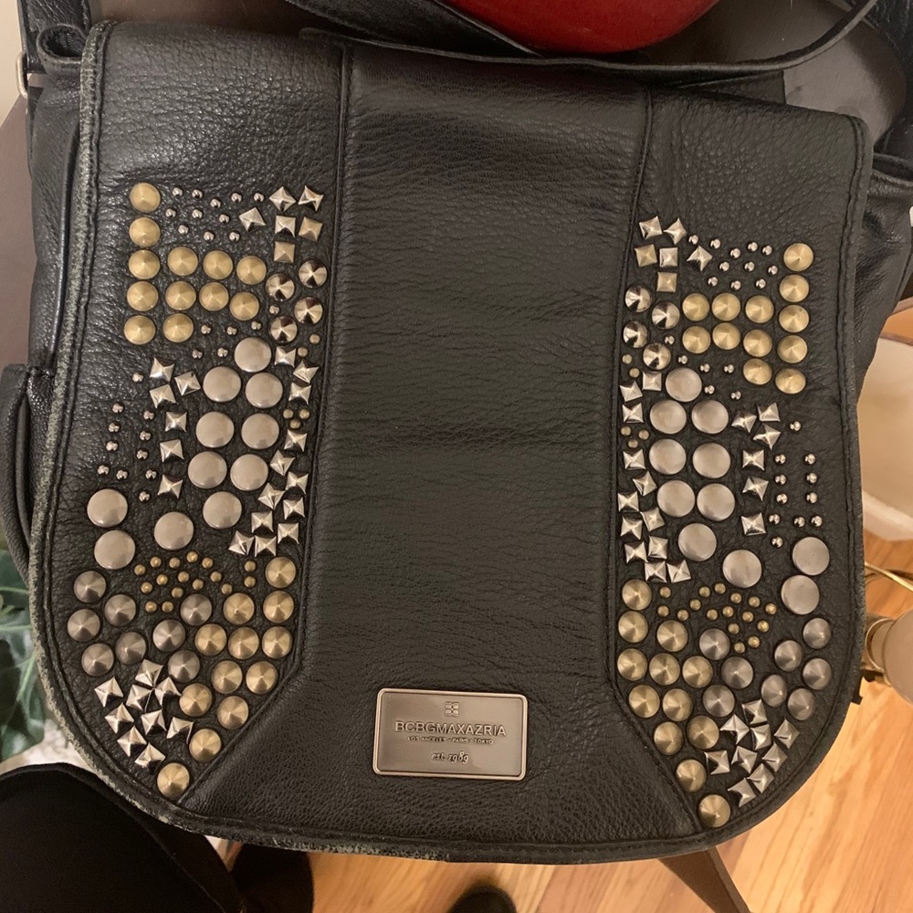 BCBG black studded leather messenger bag